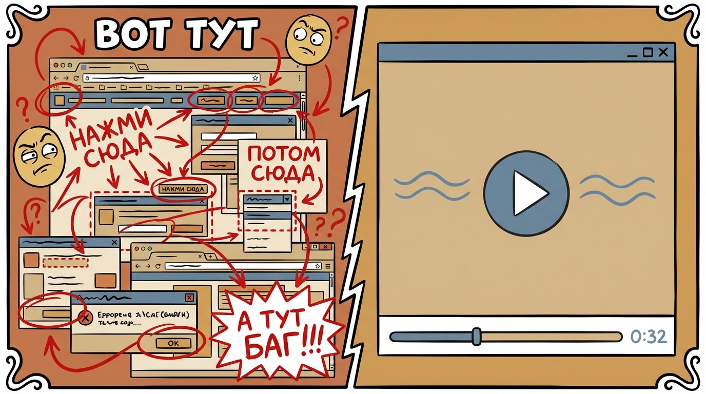 Скриншот с красными стрелками vs чистое видео — баг-репорт по-старому и по-новому