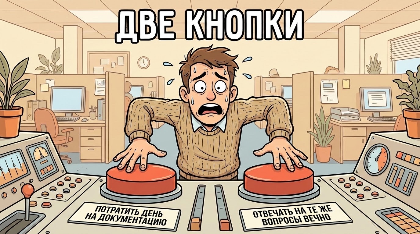 Мем: две кнопки — потратить день на документацию или отвечать на те же вопросы вечно