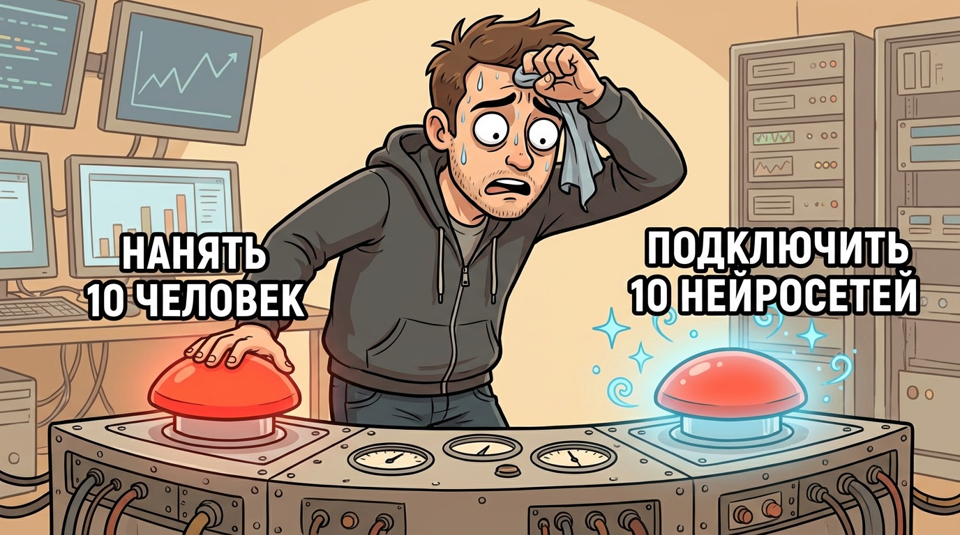Мем: предприниматель выбирает между двумя кнопками — нанять штат или подключить нейросети