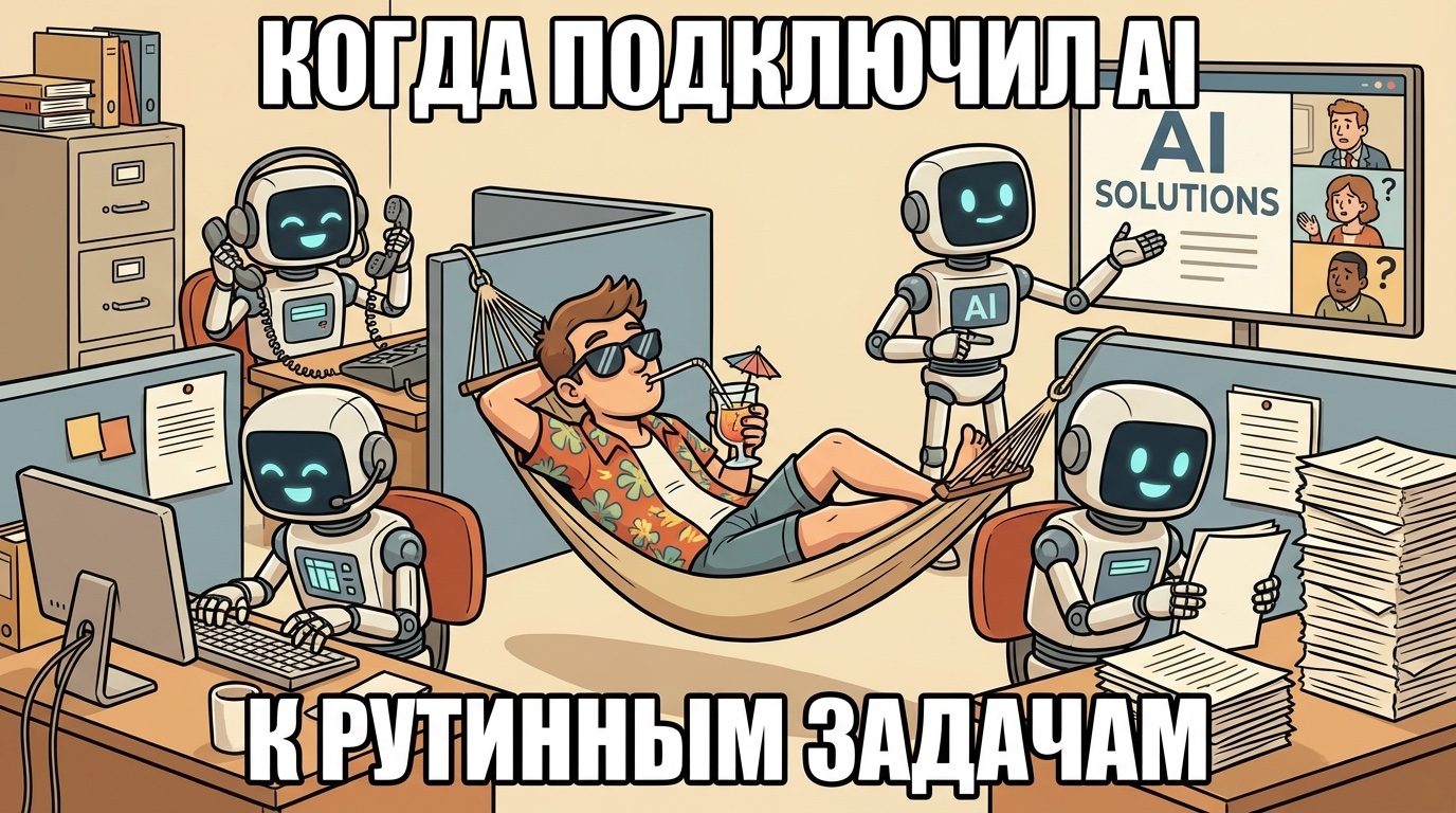 Мем: когда подключил AI к рутинным задачам — предприниматель отдыхает, роботы работают