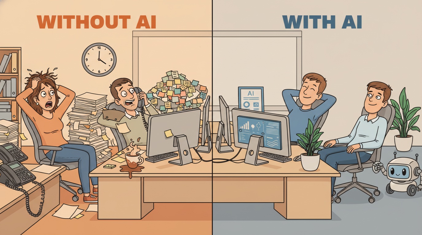 Сплит: офис без AI — хаос и стресс, офис с AI — порядок и спокойствие